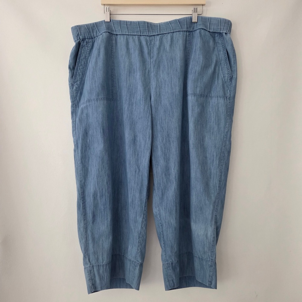 Talbots Cropped Pants Blue Chambray Elastic Waist Cotton Womens 3X
